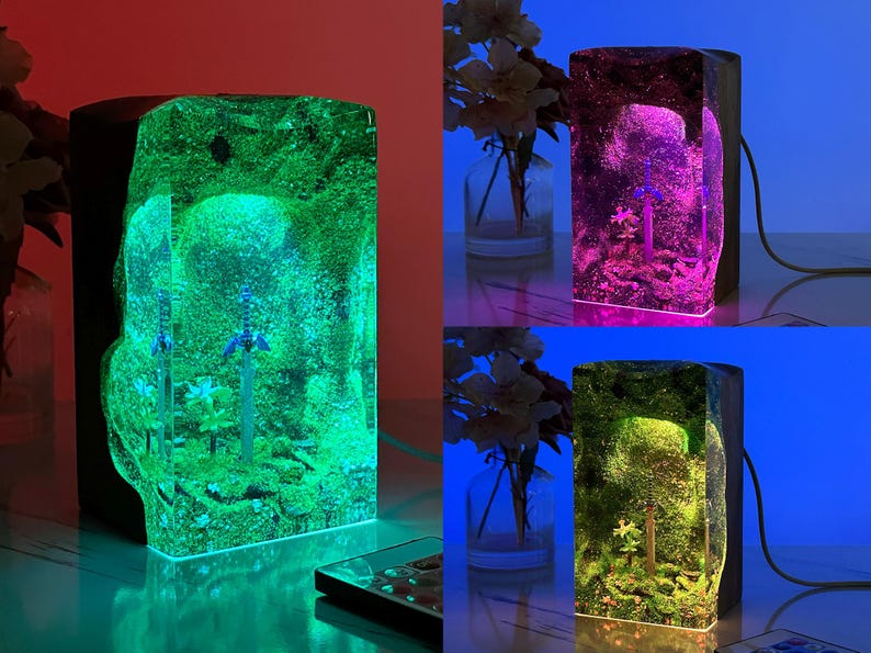 Lámpara de noche de madera y resina TOTK, regalo para fans de los videojuegos: decoración de mesa, regalo de cumpleaños, lámpara de espada maestra, arte de resina TLOZ BOTW, estatua de Hylia.