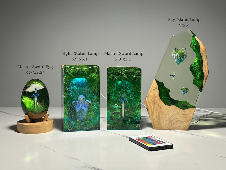 Lámpara de noche de madera y resina TOTK, regalo para fans de los videojuegos: decoración de mesa, regalo de cumpleaños, lámpara de espada maestra, arte de resina TLOZ BOTW, estatua de Hylia.