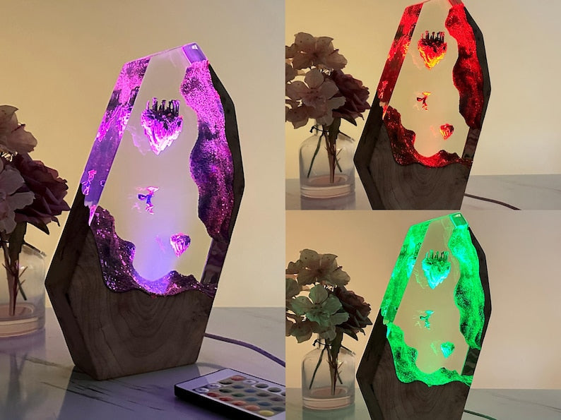 Lámpara de noche de madera y resina TOTK, regalo para fans de los videojuegos: decoración de mesa, regalo de cumpleaños, lámpara de espada maestra, arte de resina TLOZ BOTW, estatua de Hylia.