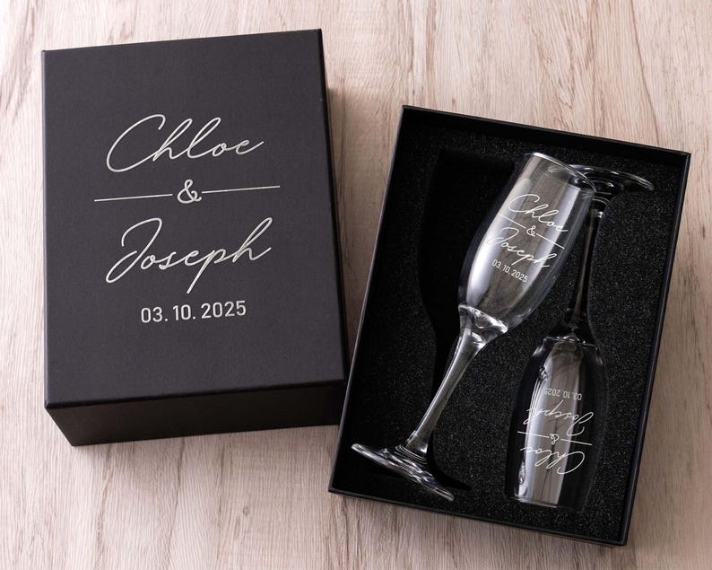 Juego de 2 copas de champán personalizadas, copas de boda para el Sr. y la Sra., regalo de boda personalizado, copas de brindis grabadas para los novios.